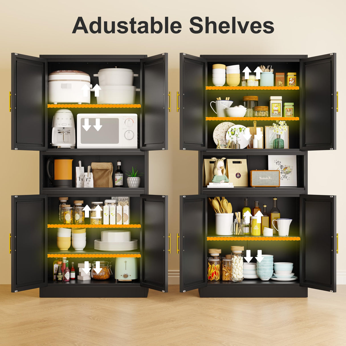 winiowa 71" Tall Kitchen Pantry Storage Cabinet, Metal Bathroom Storage Cabinet with Doors and Adjustable Shelves,Black Kitchen Cabinets with Microwave Stand, Large Cupboard for Bathroom Dining Room winiowa