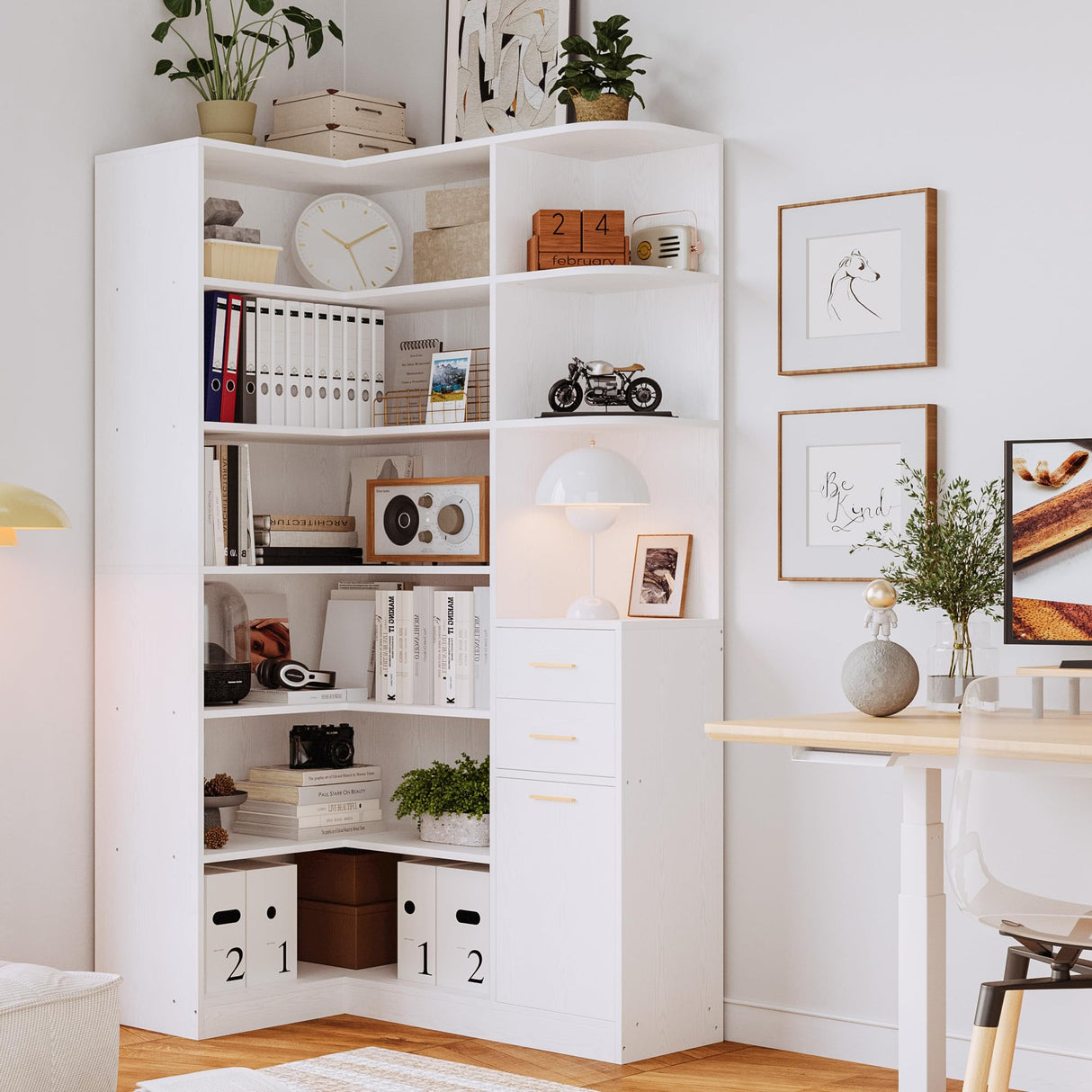 IRONCK Corner Bookshelf and Bookcase with 2 Drawer and 10 Open Shelves, 76.8" Height L Shaped Storage Shelf Corner Combination, for Living Room Home Office, Modern White IRONCK