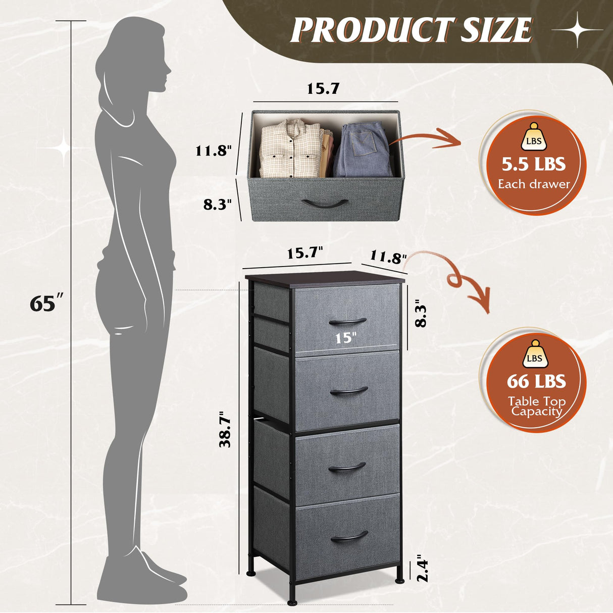 WLIVE Dresser with 4 Drawers, Storage Tower, Organizer Unit, Fabric Dresser for Bedroom, Hallway, Entryway, Closets, Sturdy Steel Frame, Wood Top, Easy Pull Handle, Dark Grey WLIVE