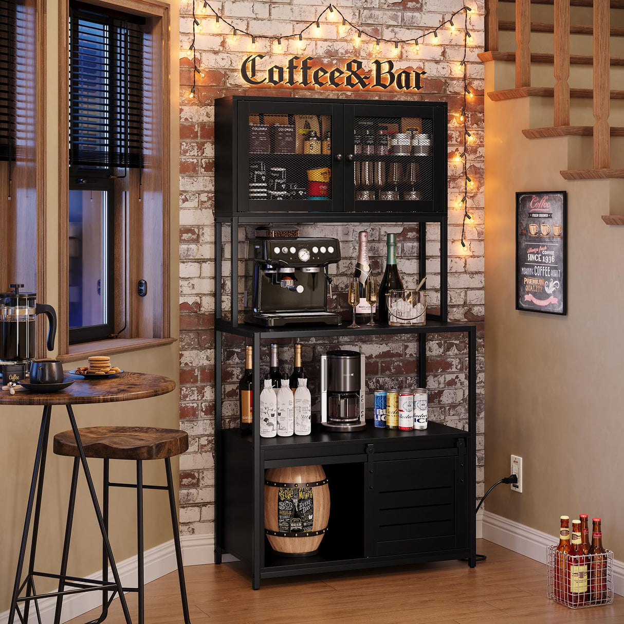 Furniouse 6-Tier Kitchen Bakers Rack with Power Outlet, Industrial Microwave Oven Stand with Shelves, Kitchen Utility Storage Shelf with Cabinet, Standing Kitchen Storage Rack (Black) Furniouse