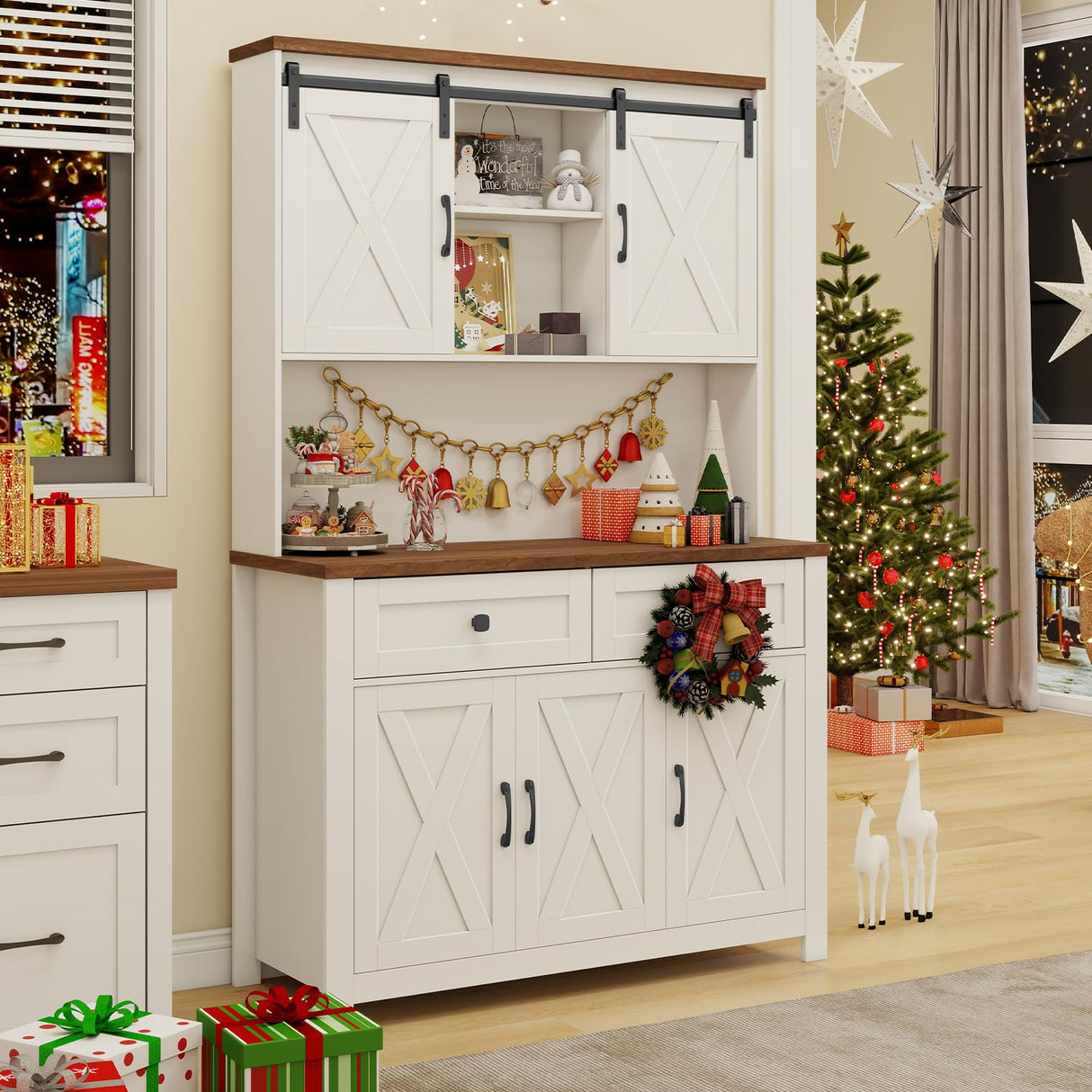 67.7 Inch Farmhouse Pantry Storage Cabinet with Sliding Barn Doors, 2 Drawer Farmhouse Coffee Cabinet with Adjustable Shelf, Buffet Cabinet with Buffet Cupboard for Kitchen, Livingroom Vabches