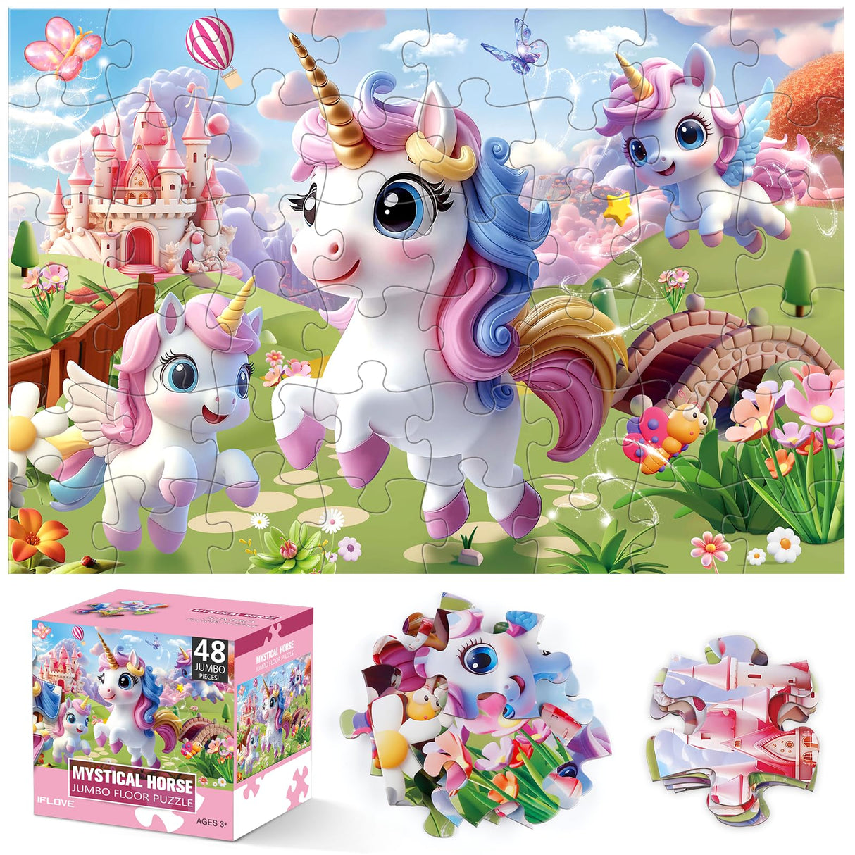 Jumbo Floor Puzzle for Kids,48 Piece Unicorn Large Jigsaw Puzzles,Puzzle for Toddler Ages 3-5,Fun Educational Preschool Learning Toy Gift for Boys & Girls Ages 4-8 IFLOVE