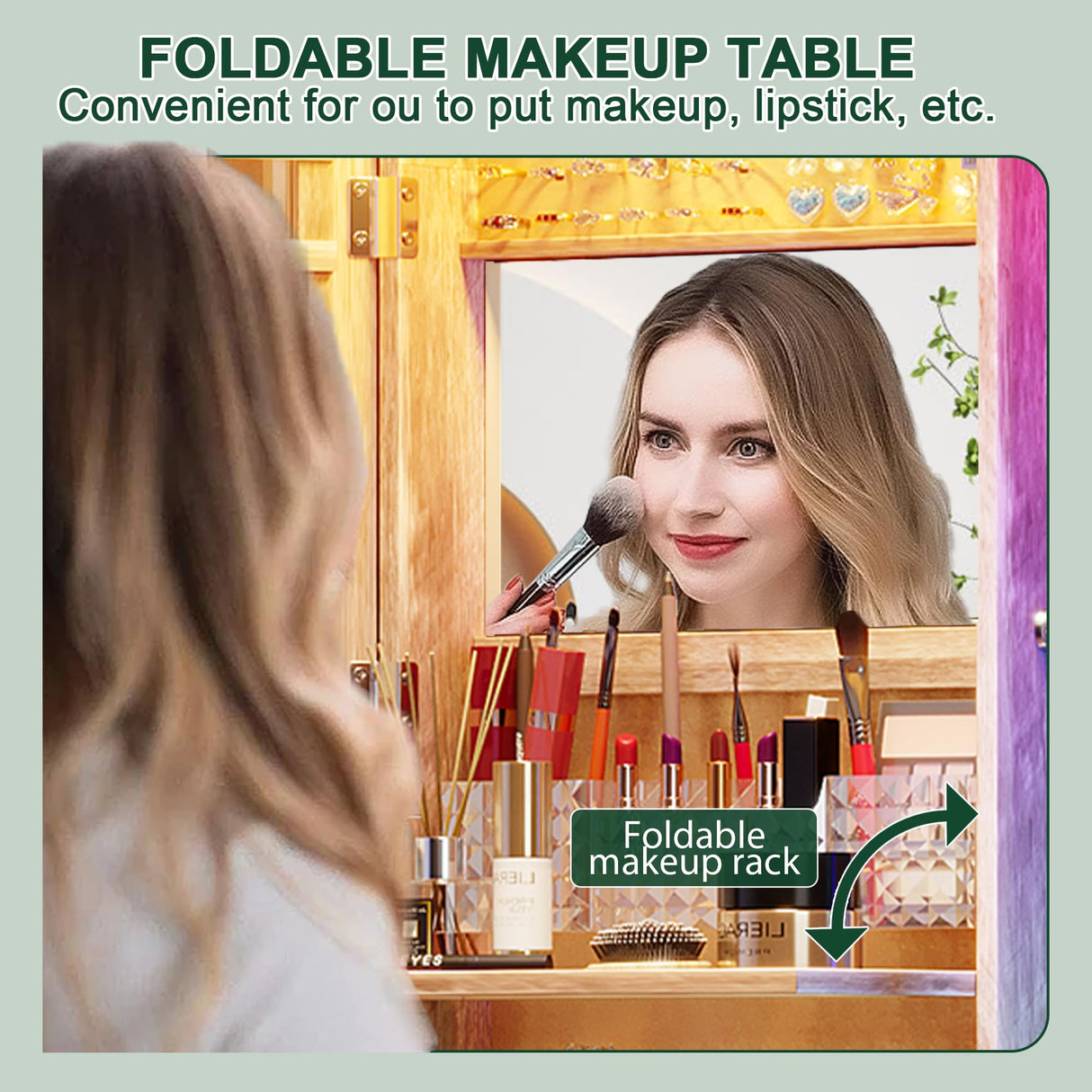 HNEBC LED Mirror Jewelry Cabinet with RGB Lights,47.2" Wall Mounted Jewelry Organizer with Full-Length Mirror,Over The Door Hanging Jewelry Armoire Storage Cabinet,Folding Dresser,2 Drawers,Lockable HNEBC