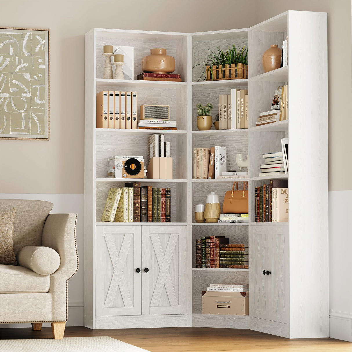 ANCTOR Large Corner Bookcase with 2 Storage Cabinets and 18 Shelves, 7 Tiers L Shaped Wood Bookshelf, 71" Tall Corner Hutch for Living Room, Bedroom, White ANCTOR