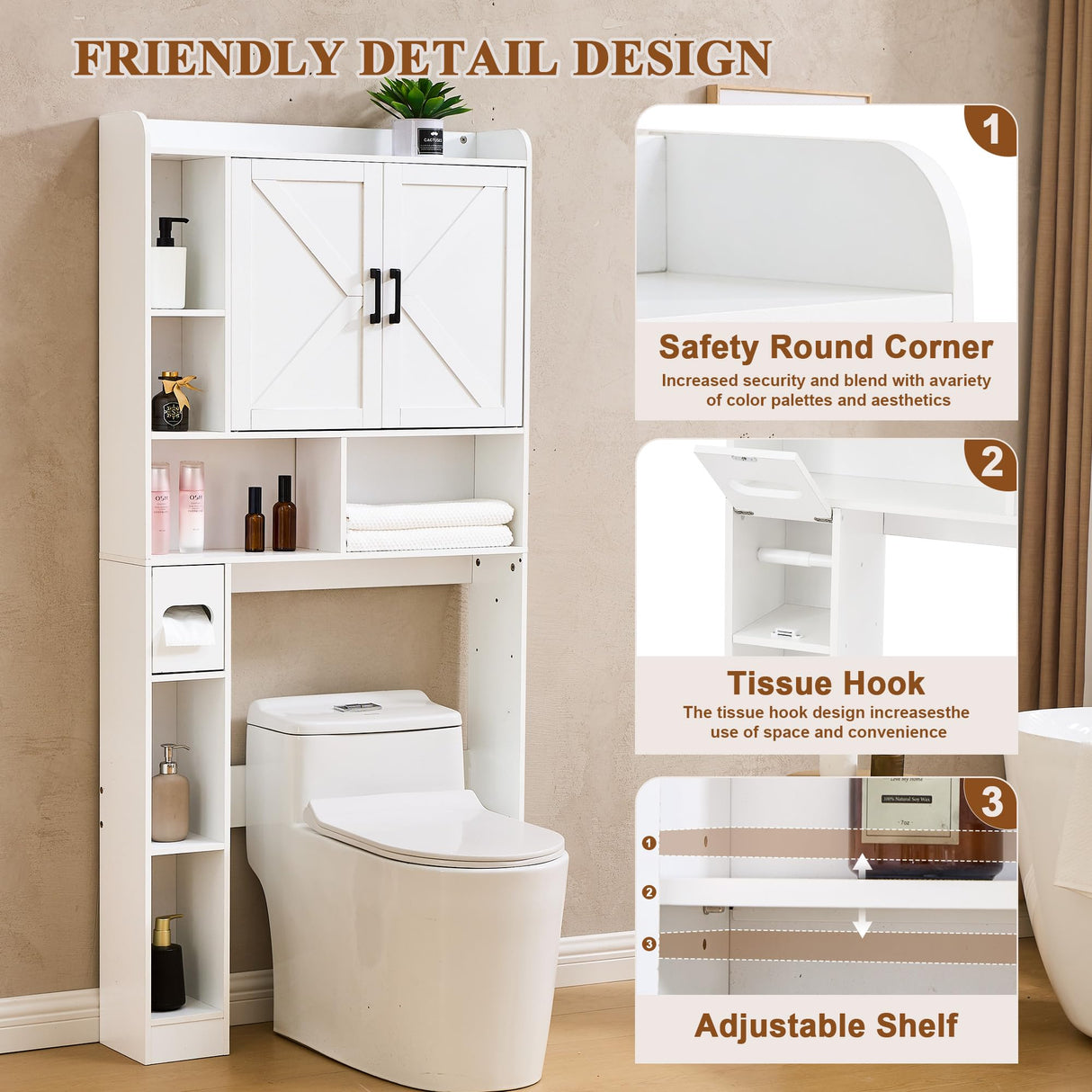 Viroformo Over The Toilet Storage Cabinet, 32 Inches Width Farmhouse Storage Cabinet Over Toilet with 2 Barn Door, Toilet Paper Holder Stand, Toilet Rack for Bathroom, Laundry, Restroom, White Viroformo