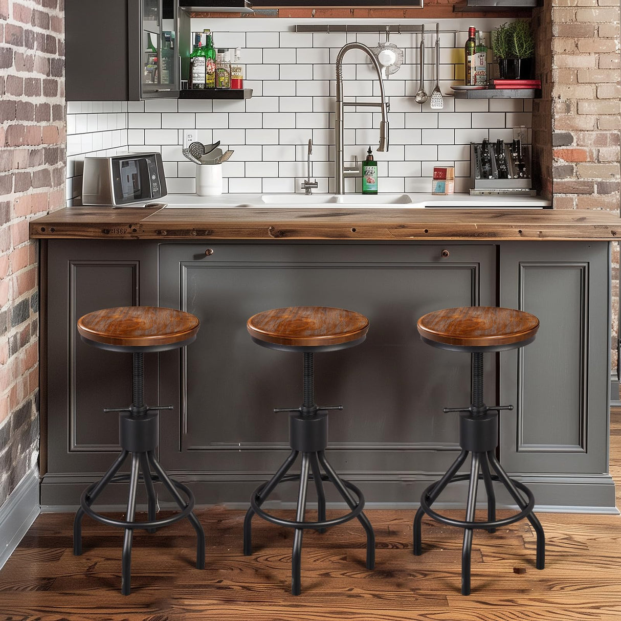 LOKKHAN Set of 2 Industrial Bar Stool-Height Adjustable Swivel Wood and Metal Bar Stool,Farmhouse Stool,Extra Tall Pub Height,23"-29" LOKKHAN