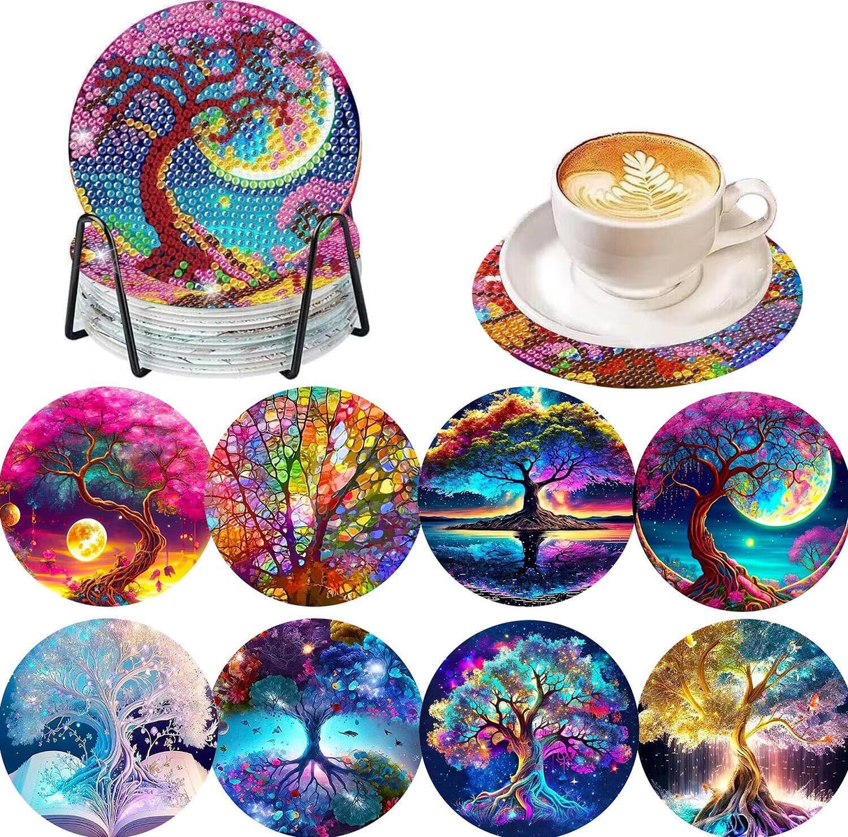 8 Pcs Diamond Painting Coasters Kits - 5D Diamond Painting Coasters DIY Diamond Art Coasters with Holder Non Slip Coaster Crystal Sticky for Tabletop Protection and Gifts(Tree of Life) Generic