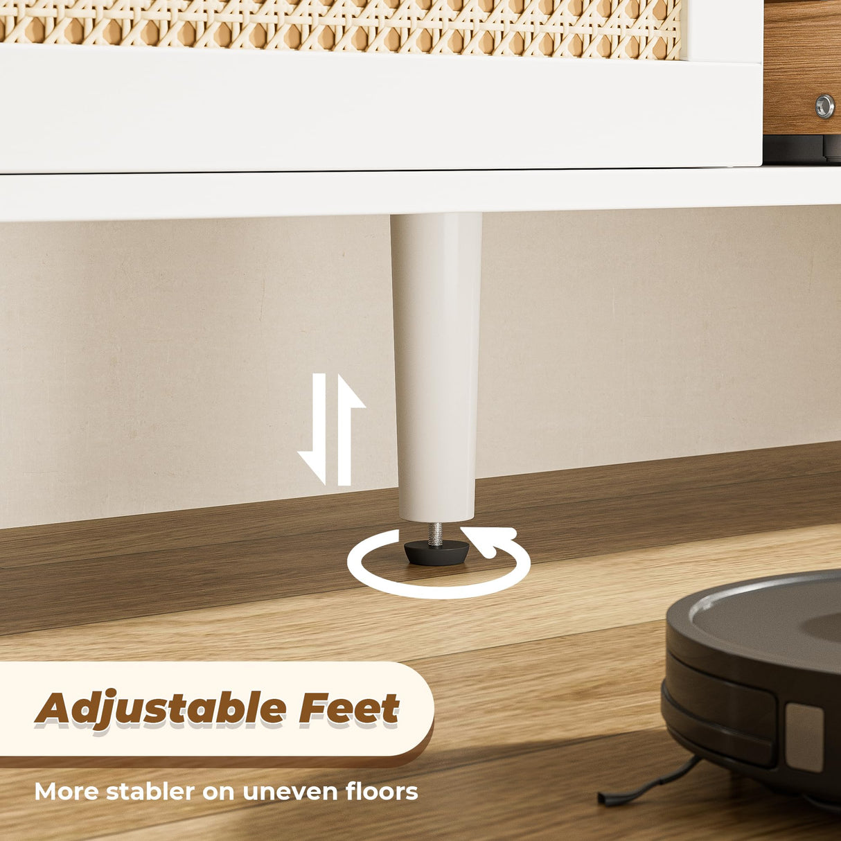 SUPERJARE 65 Inch TV Stand, Entertainment Center with Adjustable Shelf, Rattan TV Console with 2 Cabinets, Media Console, Solid Wood Feet, 4 Cord Holes, for Living Room, White SUPERJARE