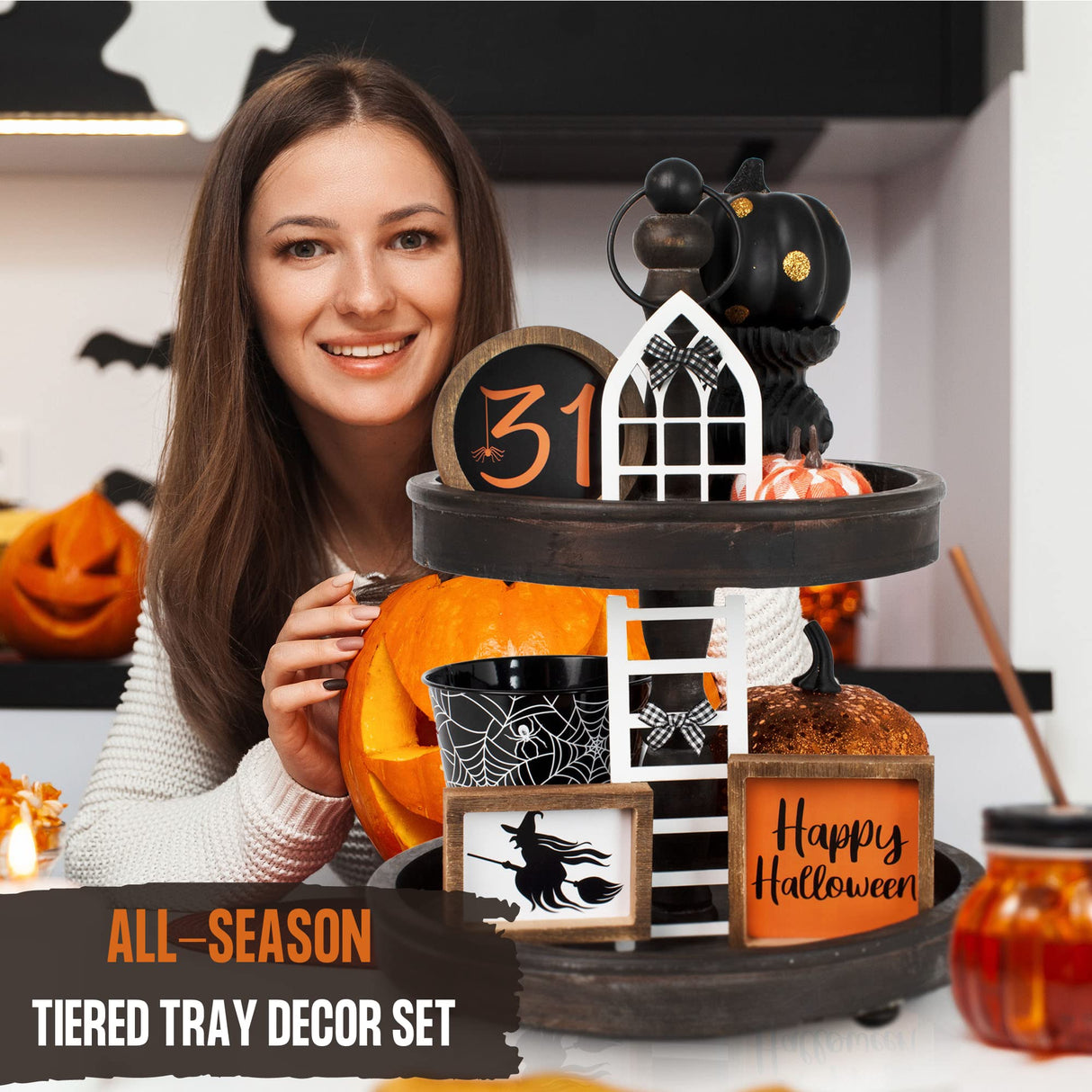 The Ultimate Farmhouse Fall Tiered Tray Decor Set - Beautiful Year Round Seasonal & Halloween Holiday Decoration Bundle - The Perfect Christmas Centerpiece Design for Home & Kitchen Decor KIBAGA