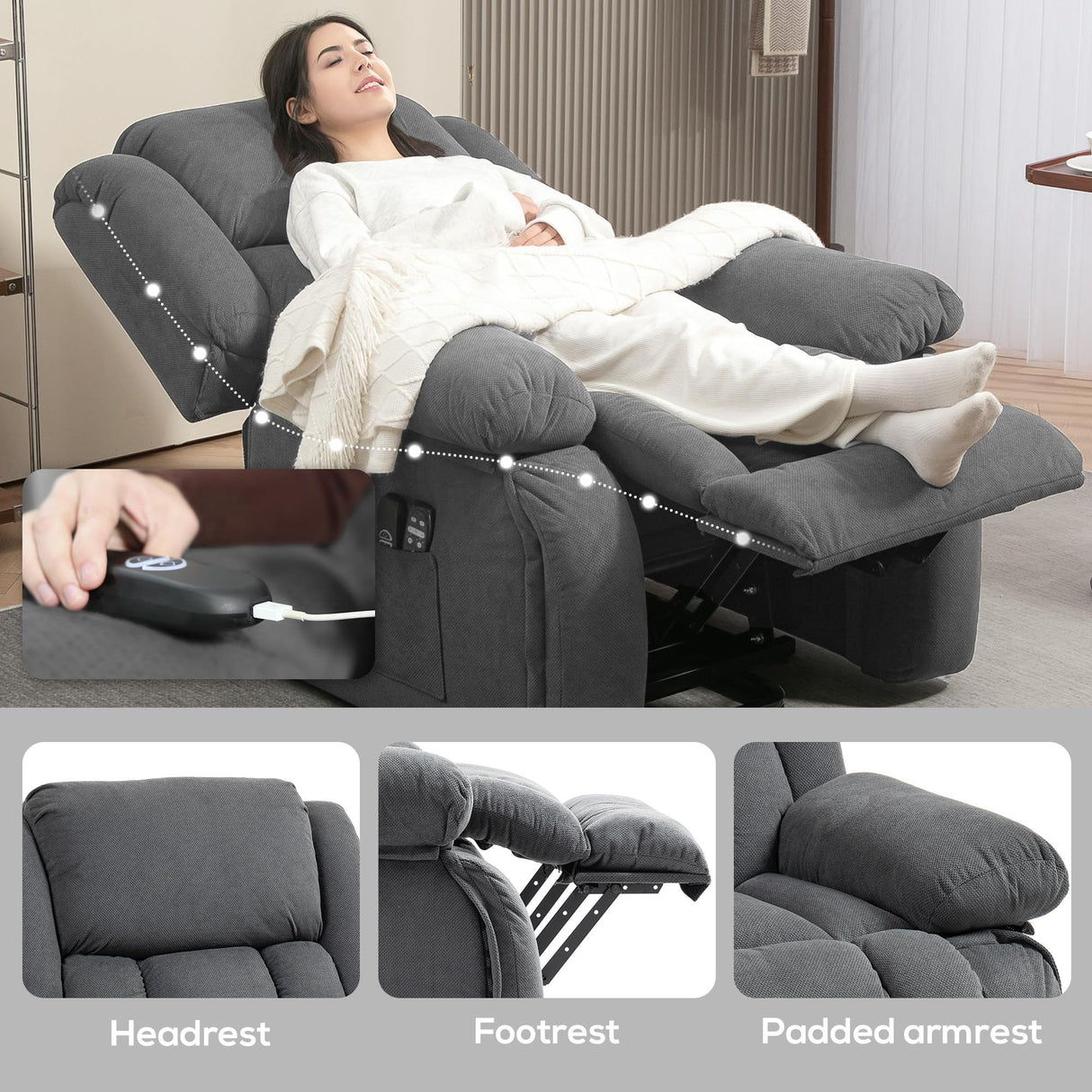 HOMCOM Power Lift Recliner Chair for Elderly with Vibration Massage and Heat, Overstuffed Fabric Lift Chair Sofa with Remote Control, USB Port, Side Pockets, Pocket Spring, Gray HOMCOM