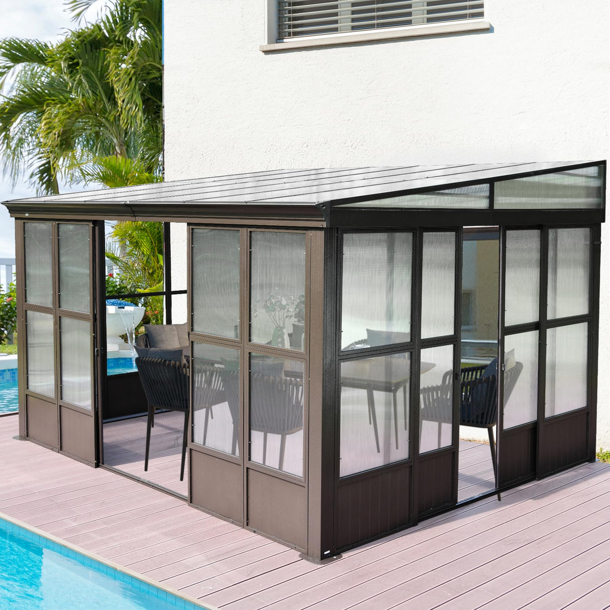Domi 10x12FT All Season Sunroom, Outdoor Permanent Wall Mounted Solarium with Detachable Polycarbonate Windows, Aluminum Lean to Gazebo Sun Room with 2 Lockable Sliding Doors for Garden Patio Deck domi outdoor living