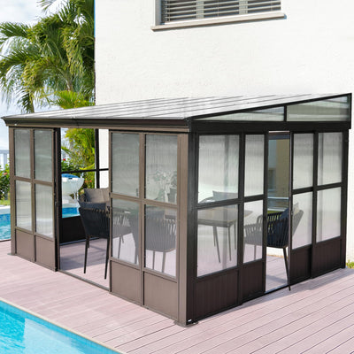 Domi 10x12FT All Season Sunroom, Outdoor Permanent Wall Mounted Solarium with Detachable Polycarbonate Windows, Aluminum Lean to Gazebo Sun Room with 2 Lockable Sliding Doors for Garden Patio Deck
