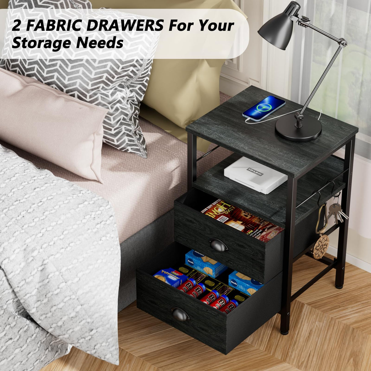Furologee Nightstand Set of 2, Black Oak, with Charging Station and USB Ports, Side Tables with 2 Fabric Drawers, Bedside Tables with Storage Shelf & Hooks, for Living Room/Bedroom Furologee