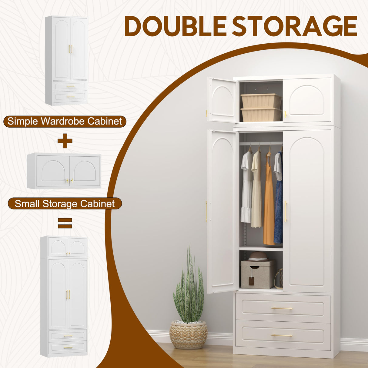 UNICOLY 86" Wardrobe with Drawers, 71'' Armoire Wardrobe Closet with 15" Cabinet, Metal Clothes Storage Cabinet with Hanging Rod, for Bedroom School, Employee, Gym, Assembly Required, White UNICOLY