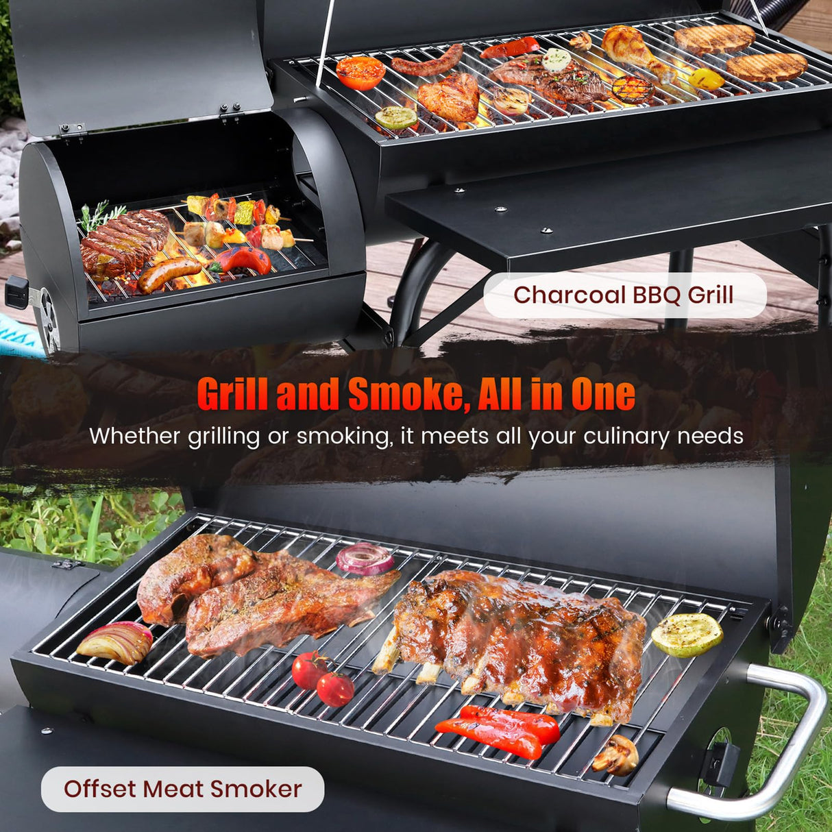 Realcook Charcoal Grills with Offest Smokers: Spacious Barrel Charcoal BBQ Grill | Barbecue Smoker Grill Combo for Outdoor Backyard Patio Camping Picnic and Party Realcook