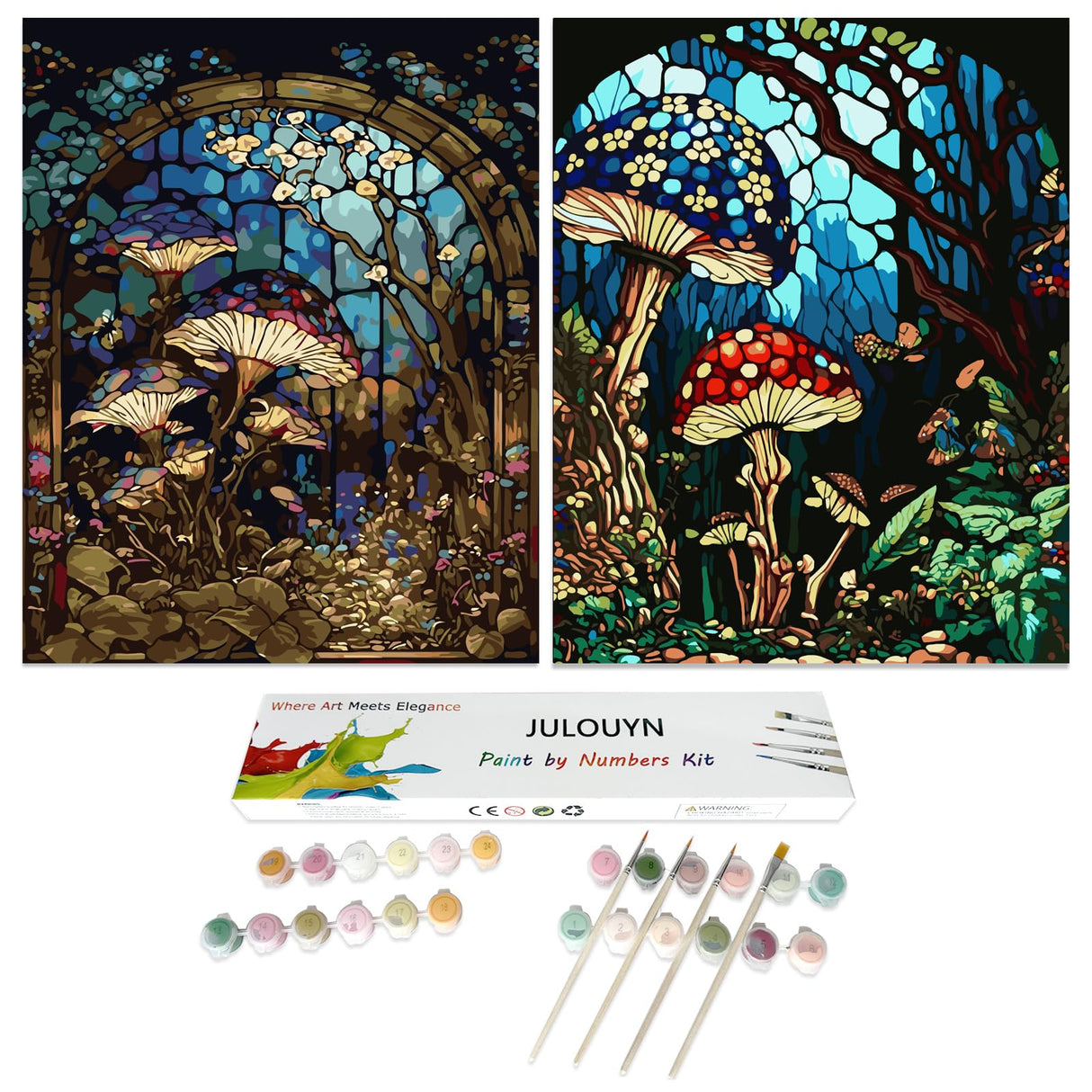 JULOUYN 2 Pack Paint by Numbers Kit for Adults Beginner, Forest Mushroom DIY Canvas Art Kit with Brushes & Acrylic Paints for Home Decor 16x20 in JULOUYN