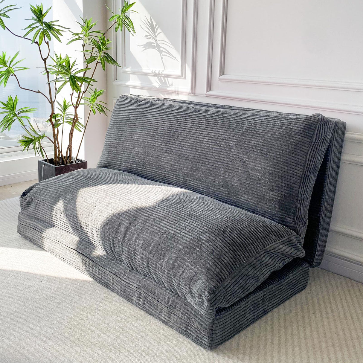 MAXYOYO Bean Bag Bed Folding Sofa Bed Floor Mattress for Adults, Extra Thick and Long Floor Sofa with Corded Washable Cover, Dark Grey, 54x95 Inch MAXYOYO