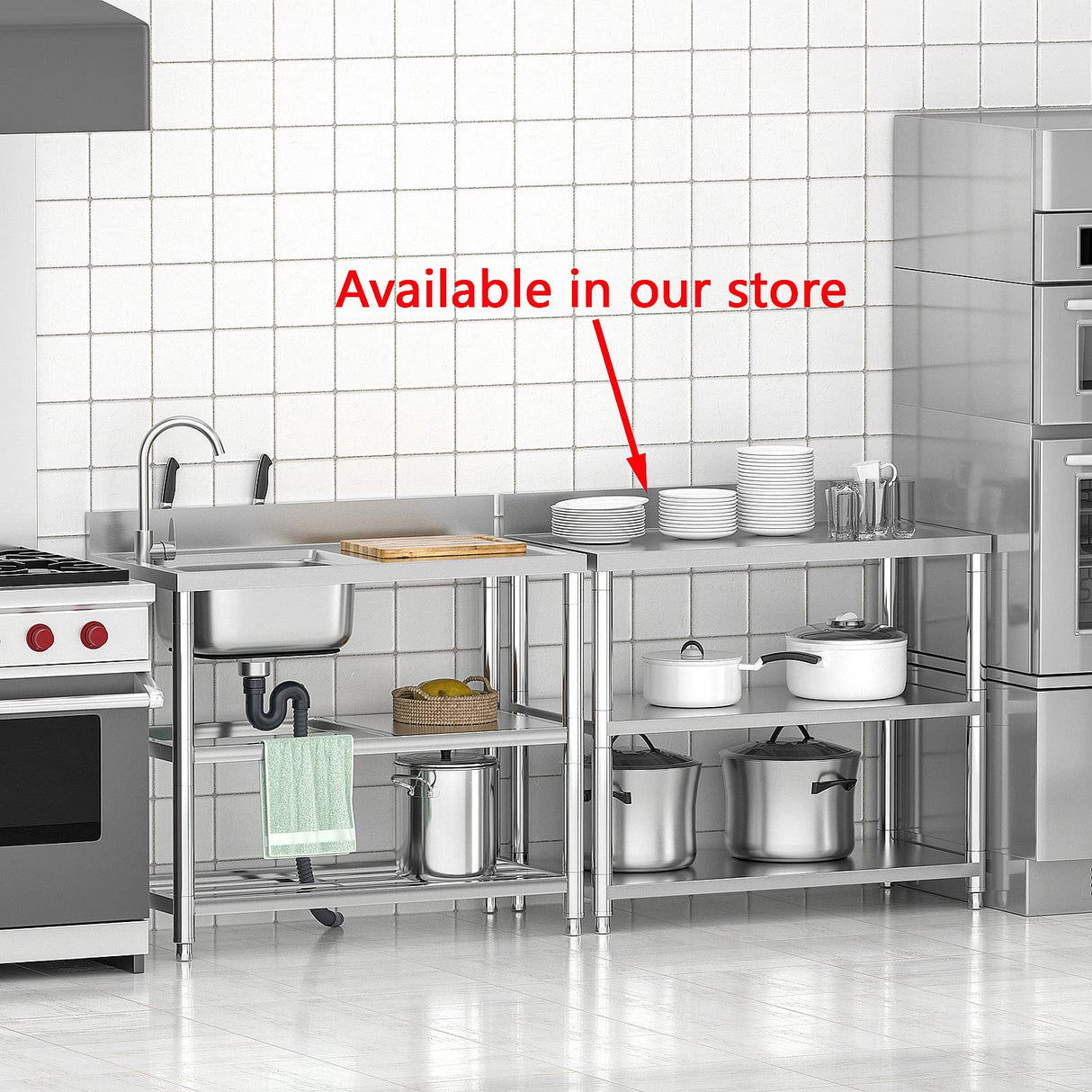 Free Standing Stainless-Steel Single Bowl Commercial Restaurant Kitchen Sink Set w/Faucet & Drainboard, Prep & Utility Washing Hand Basin w/Workbench & Double Storage Shelves Indoor Outdoor (39.5in) KINGBO