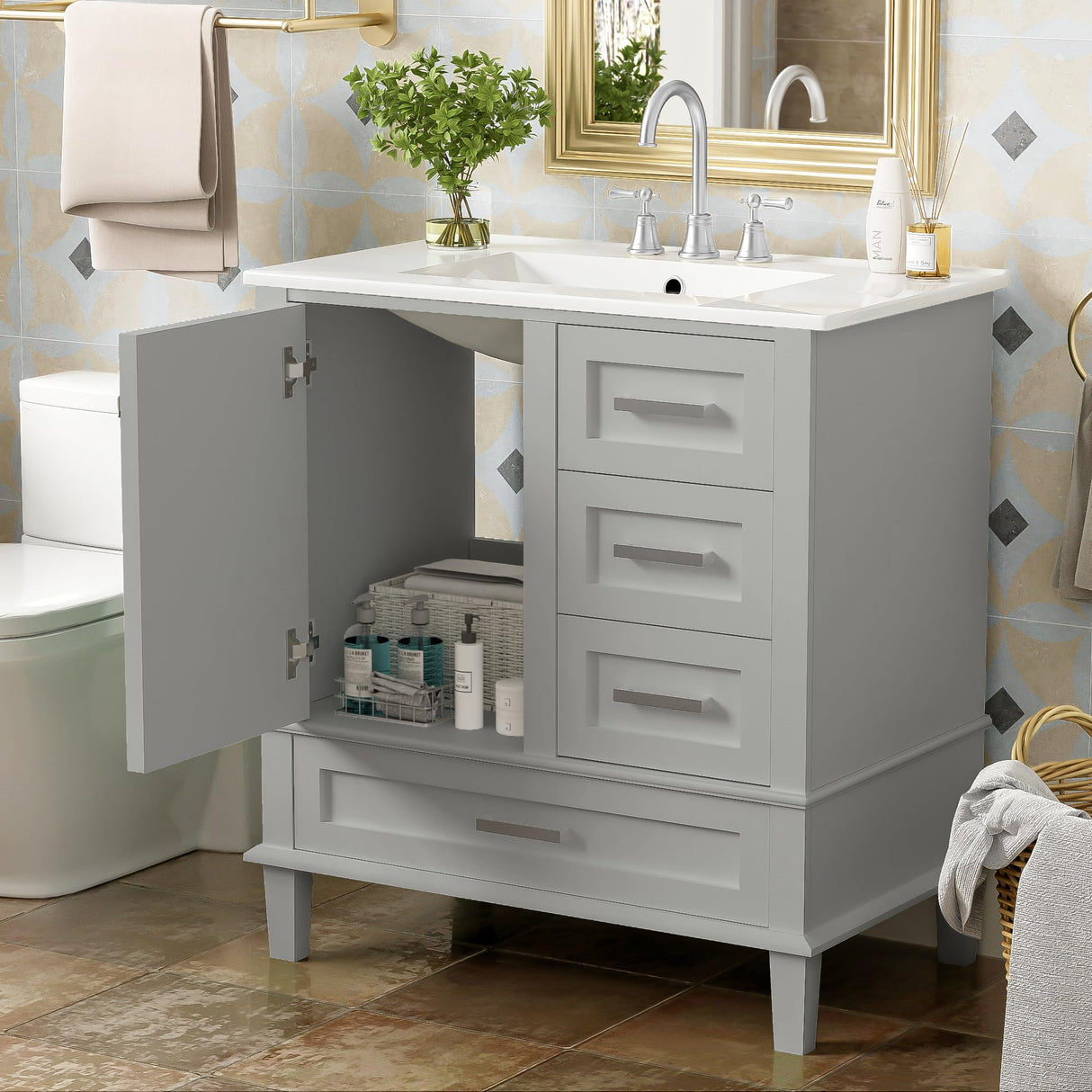 30" Bathroom Vanity with Sink, 30 Inch Bathroom Vanity with Top, 3 Drawers and 1 Soft Closing Door, Modern Bathroom Vanity with Sink 30 Inch for Bathroom (Grey) Mirightone