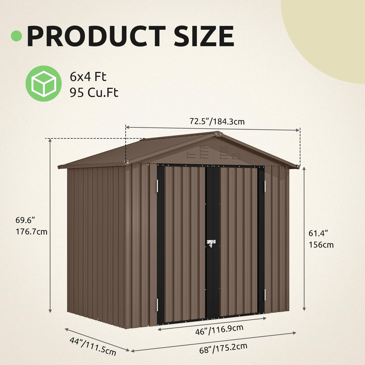 GOOBED 6x4FT Garden Storage Shed with Lockable Door and Vents, Metal Outdoor Tool Shed for Patio Lawn, and Backyard, Ideal for Storing Bikes, Trash Bins, Tools and Equipment, Brown GOOBED