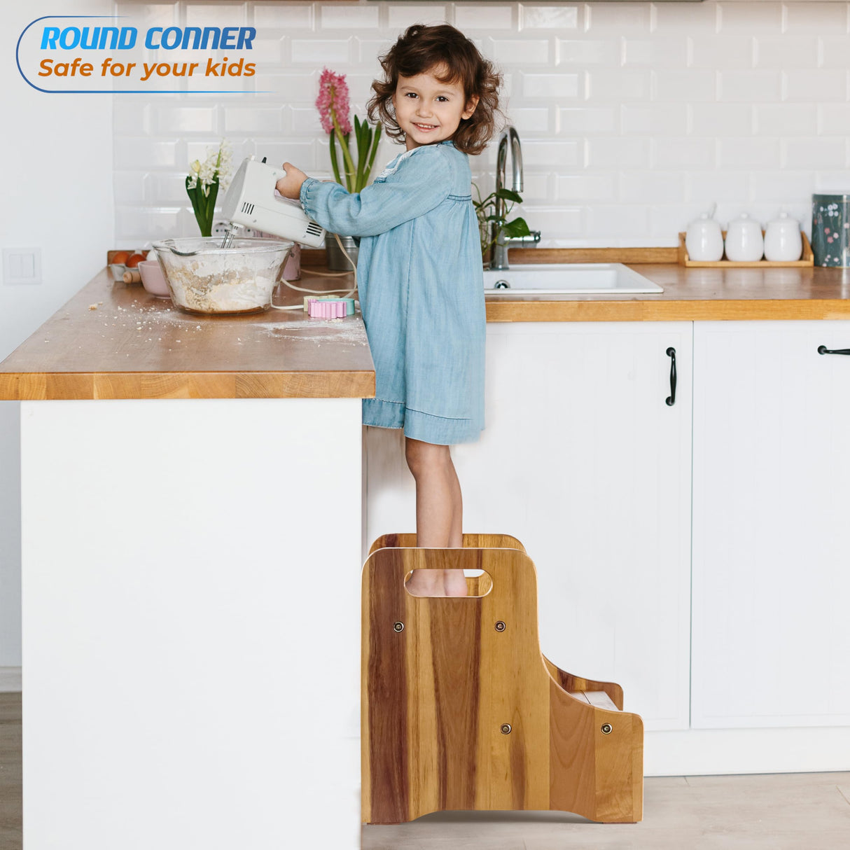 2BHOME Wooden Step Stool, Heavy Duty Two-Step Stool for Adults with Built-in Handle, Wooden Stepping Stool with 500Lbs Capacity for Kitchen & Bathroom, Non-Slip Wood Bedside Bed Steps for High Beds 2BHOME