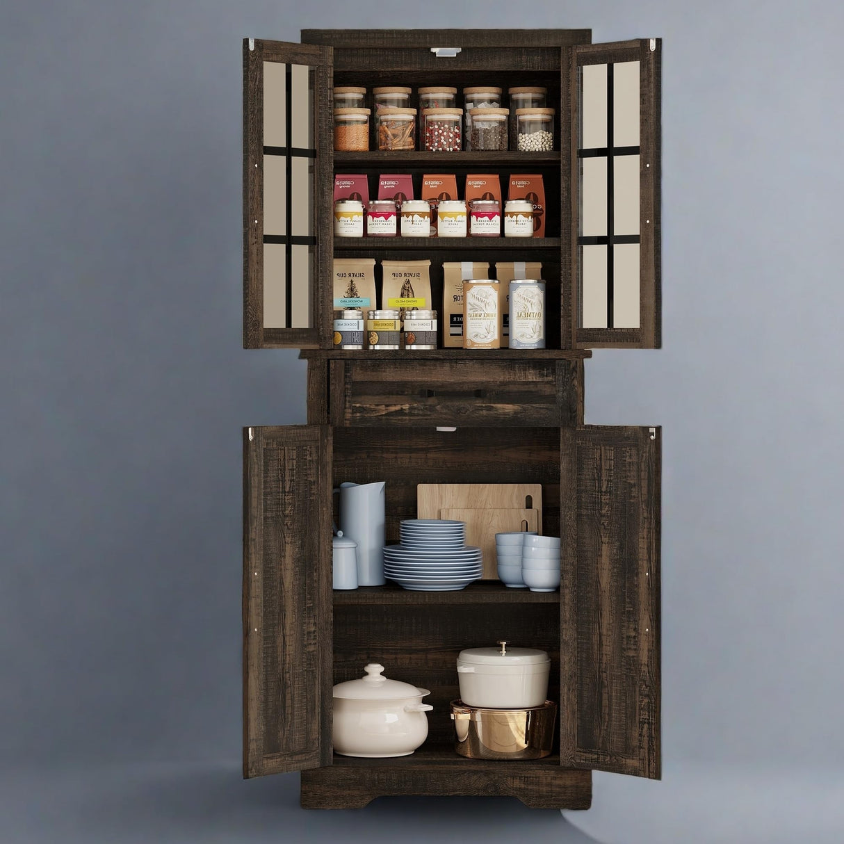 YITAHOME 71" Farmhouse Storage Cabinet, Kitchen Pantry, Wooden, Hutch, Tall Cabinet with 1 Drawers, 5 Storage Shelves, Freestanding for Living Room, Kitchen with 2 Doors Rustic Dark Brown YITAHOME