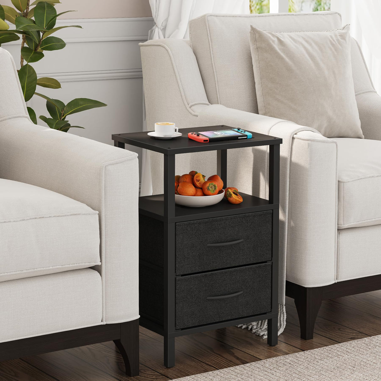 TUTOTAK End Table, Couch Side Table, Nightstand with Cloth Drawer, Set of 2, Bedside Table, Black TB01BK066 TUTOTAK
