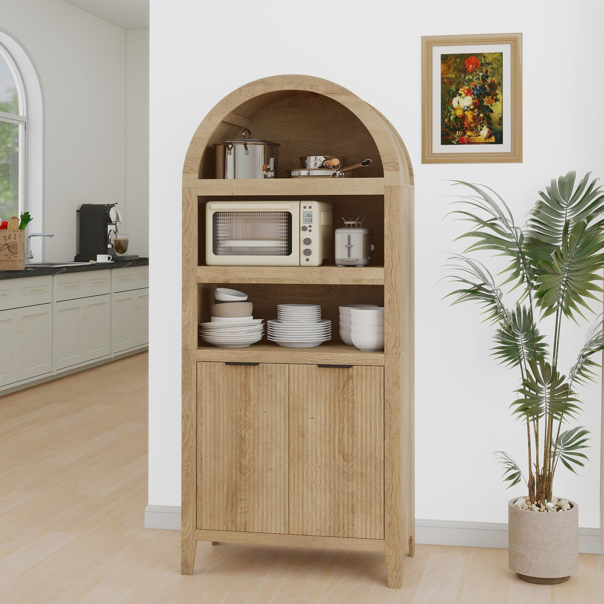 blini 70" Tall Arched Cabinet, Wooden Kitchen Pantry Arched Cabinet with Fluted Doors Versatile Kitchen Hutch Storage Organizer for Dining Room blini