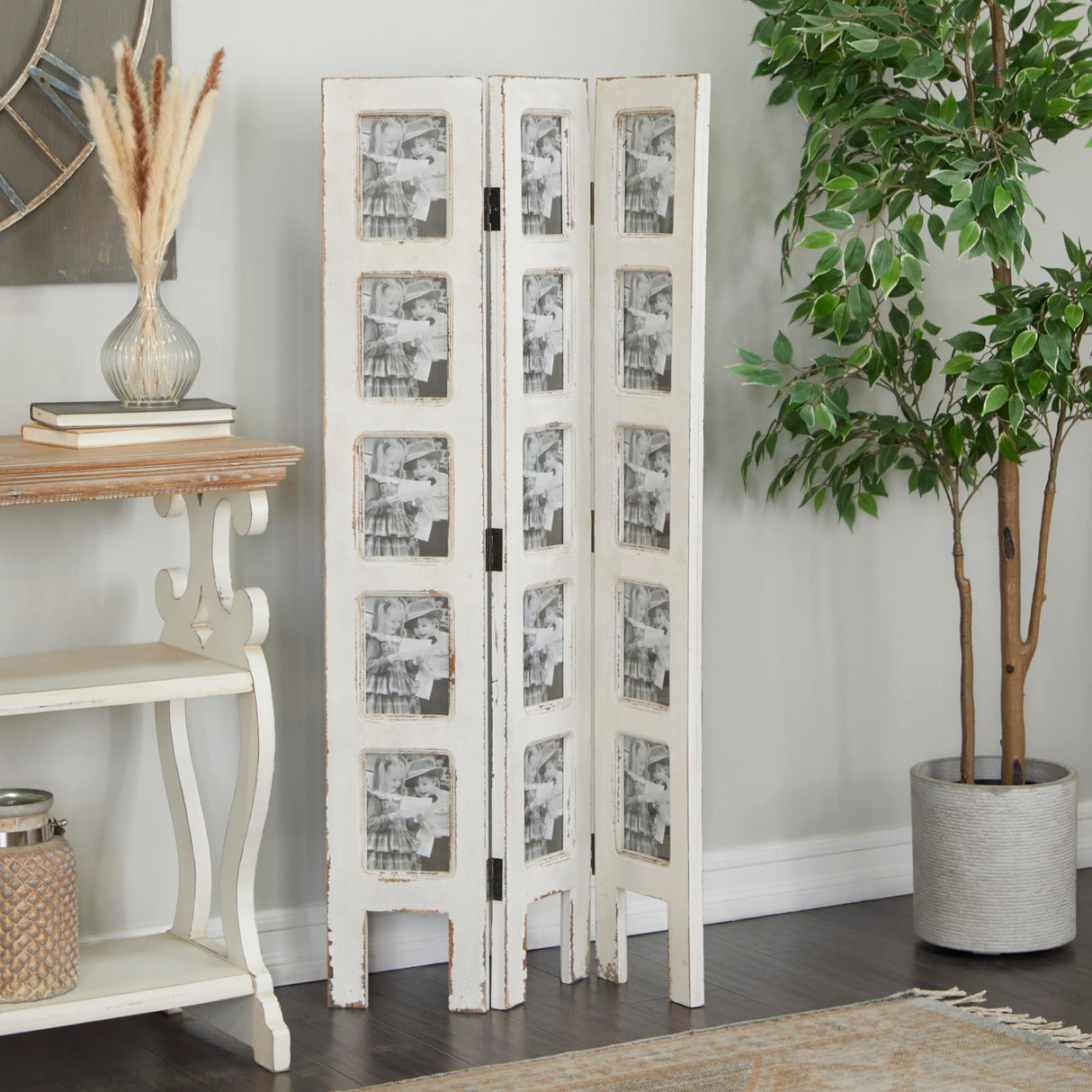 Deco 79 Wooden Partition Room Divider Screen Hinged Foldable Partition 3 Panel Privacy Screen with 15 Photo Slots, Room Partition 27" x 1" x 51", White Deco 79