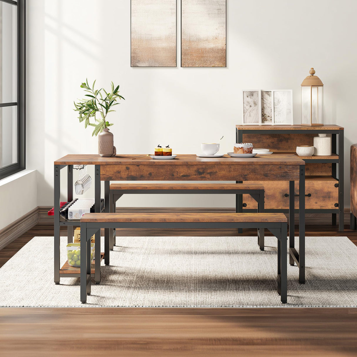 YITAHOME 63" 3 Piece Kitchen Dining Room Table Set for 4 w Bench & Storage, Farmhouse Rectangle Dinette Sets w Wine & Glass Holder 4 Seater, Space Saving for Apartment Dinner Breakfast, Rustic Brown YITAHOME