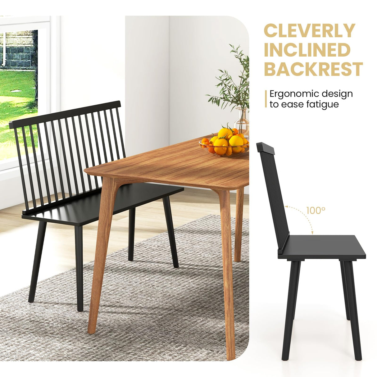 Giantex Dining Bench with Back, Black Windsor Bench with Spindle Back & Anti-Slip Foot Pads, Farmhouse Rubber Wood Dining Bench, Indoor Wooden Entryway Bench for Living Room, Dining Room, Hallway Giantex