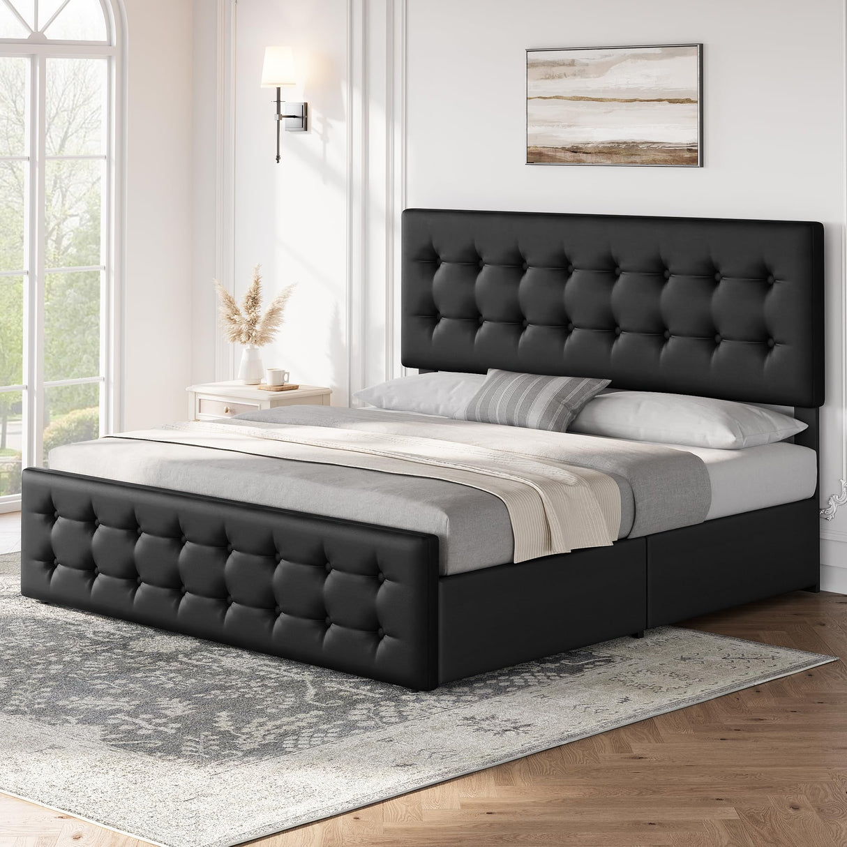 GarveeHome King Size Bed Frame with 4 Storage Drawers and Faux Leather Upholstered Headboard, Wooden Slats Support, Button Tufted Design, No Box Spring Needed, Black GarveeHome