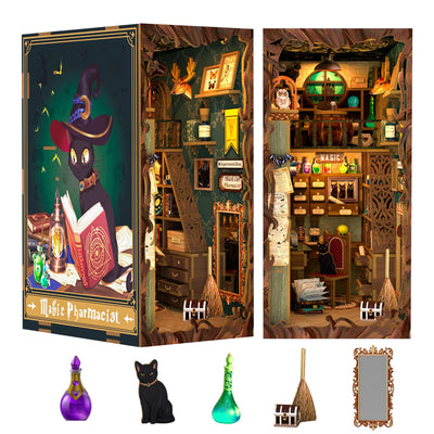 Fsolis Book Nook Kit, DIY Miniature House Kit Wooden Puzzle Halloween Booknook for Adult Decorative Bookend Bookshelf Alley Decor for Women Teens(Magic Pharmacist)