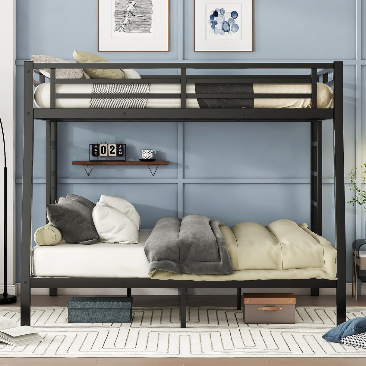 Bellemave Bunk Bed Full XL Over Queen, Heavy Duty Metal Bunk Bed Frame, Queen bunk Bed for Adults, Adult bunk beds Heavy Duty, Full XL Bunk Bed, Black Bellemave