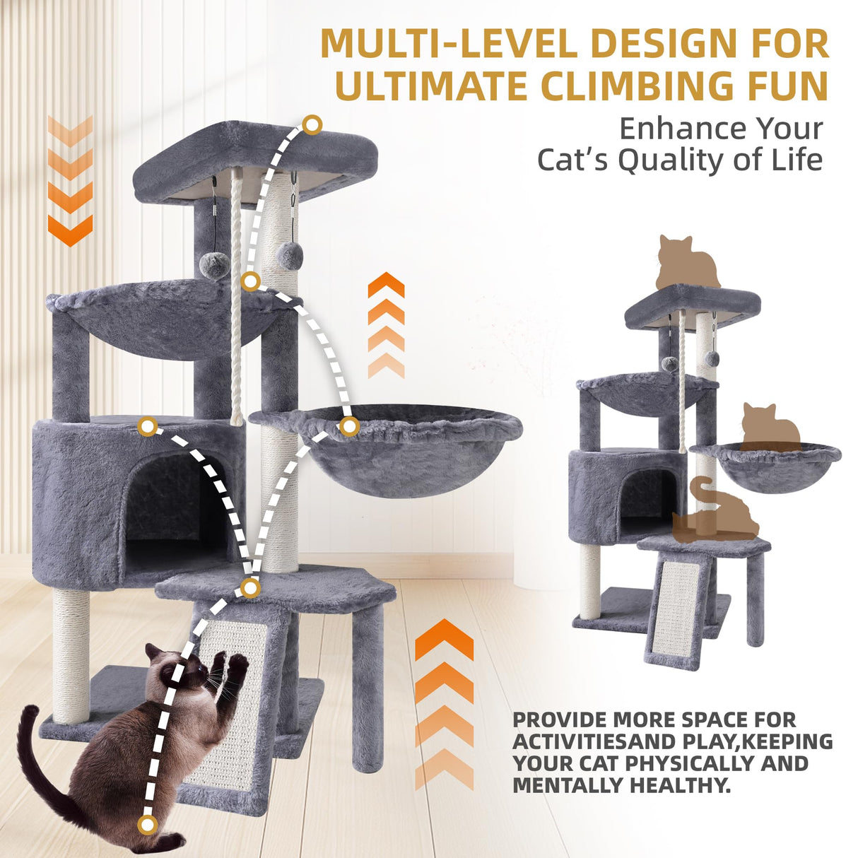 Xin Three Layer Cat Tree with Cat Condo and Two Hammocks,Grey Smouatou