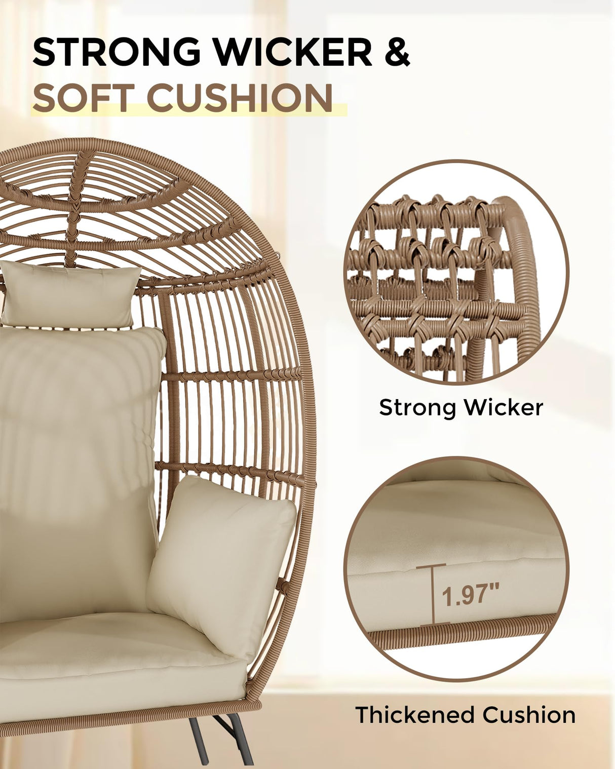 GarveeLife Oversize Wicker Egg Chair with Ottoman, Egg Basket Lounge Chair with Thick Cushion, Comfy Egg Rattan Seat for Indoor Outdoor Patio Porch Backyard, Beige GarveeLife