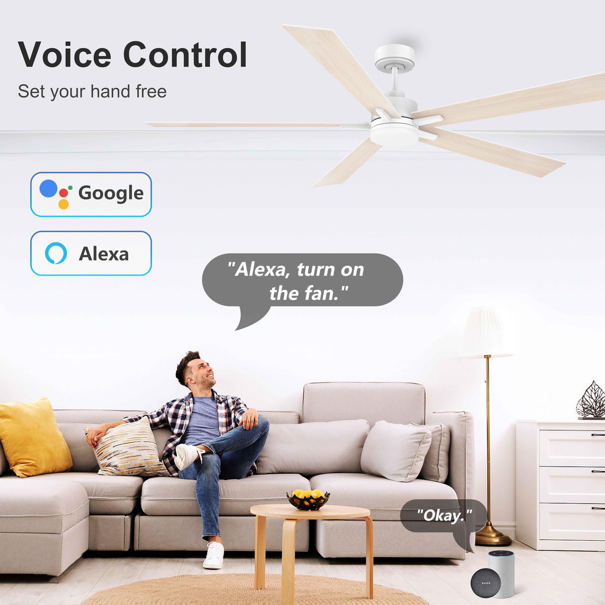 72" Large Smart Ceiling Fan with Lights Remote,Silent DC Motor,Control via Voice Alexa Google App,Outdoor Indoor Modern Ceiling Fans for Large Living Room Patios Decks,Dimmable,5 Blades in White&Wood Lorpies