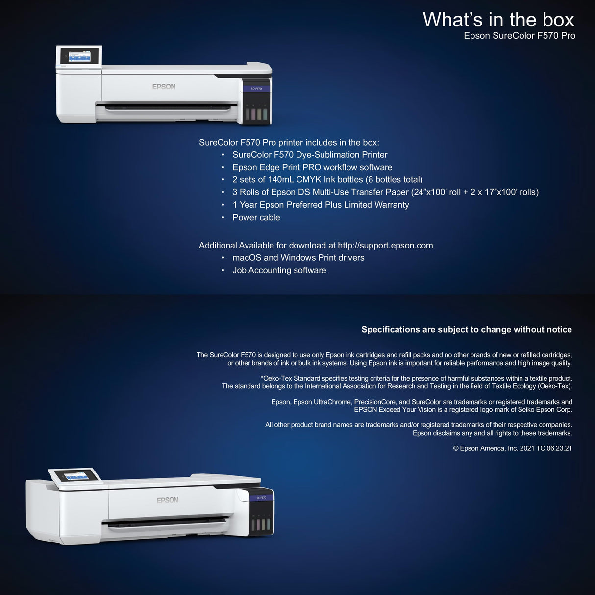 Epson Surecolor F570 Pro 24" Desktop Sublimation Printer, Includes Two Full Ink Sets, User Guide, Sublimation Paper, & Free Remote Install SCF570PE (Printer & Inks) Johnson Plastics Plus