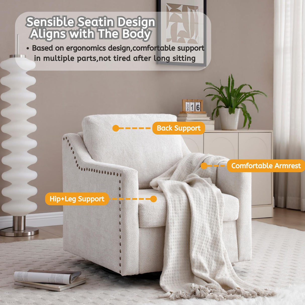 Oversized Swivel Accent Chair,Chenille Fabric Large Comfy Reading Chairs,Mid Century Modern Living Room Chair,Wide Arm Chair with Thick Soft Cushion,Single Sofa Chair for Living Room,Bedroom Wunlerlant