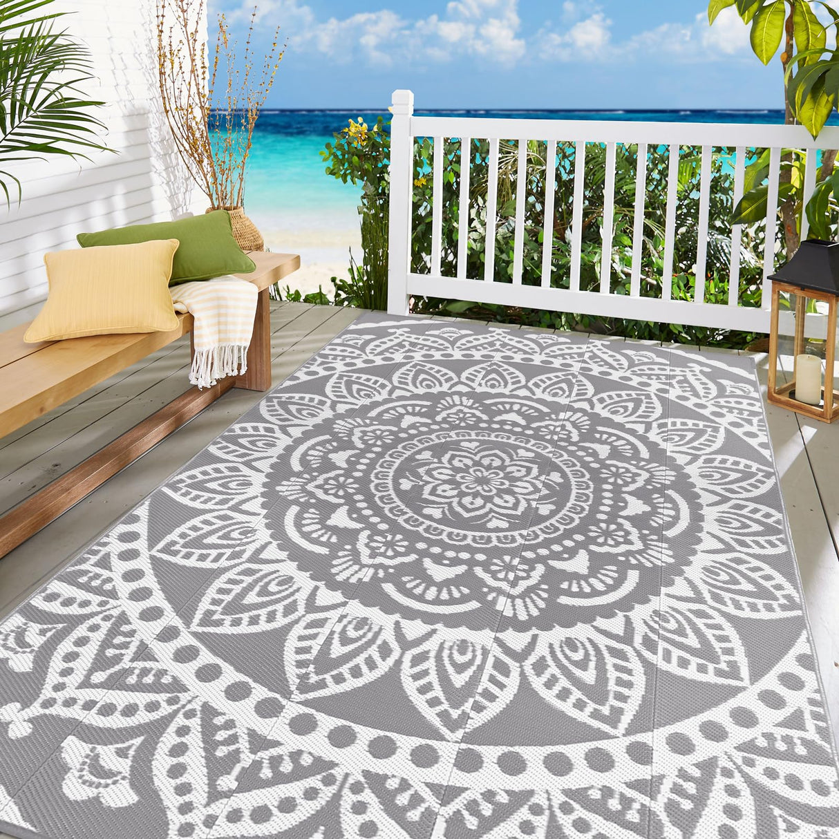 Bsmathom Waterproof Outdoor Rug 6'x9' Reversible Boho Plastic Straw Patio Deck Camping Rugs, Indoor Outdoor Portable RV Mat Clearance Carpet for Outside, Porch, Balcony, Backyard, Beach, Pool,Grey Bsmathom