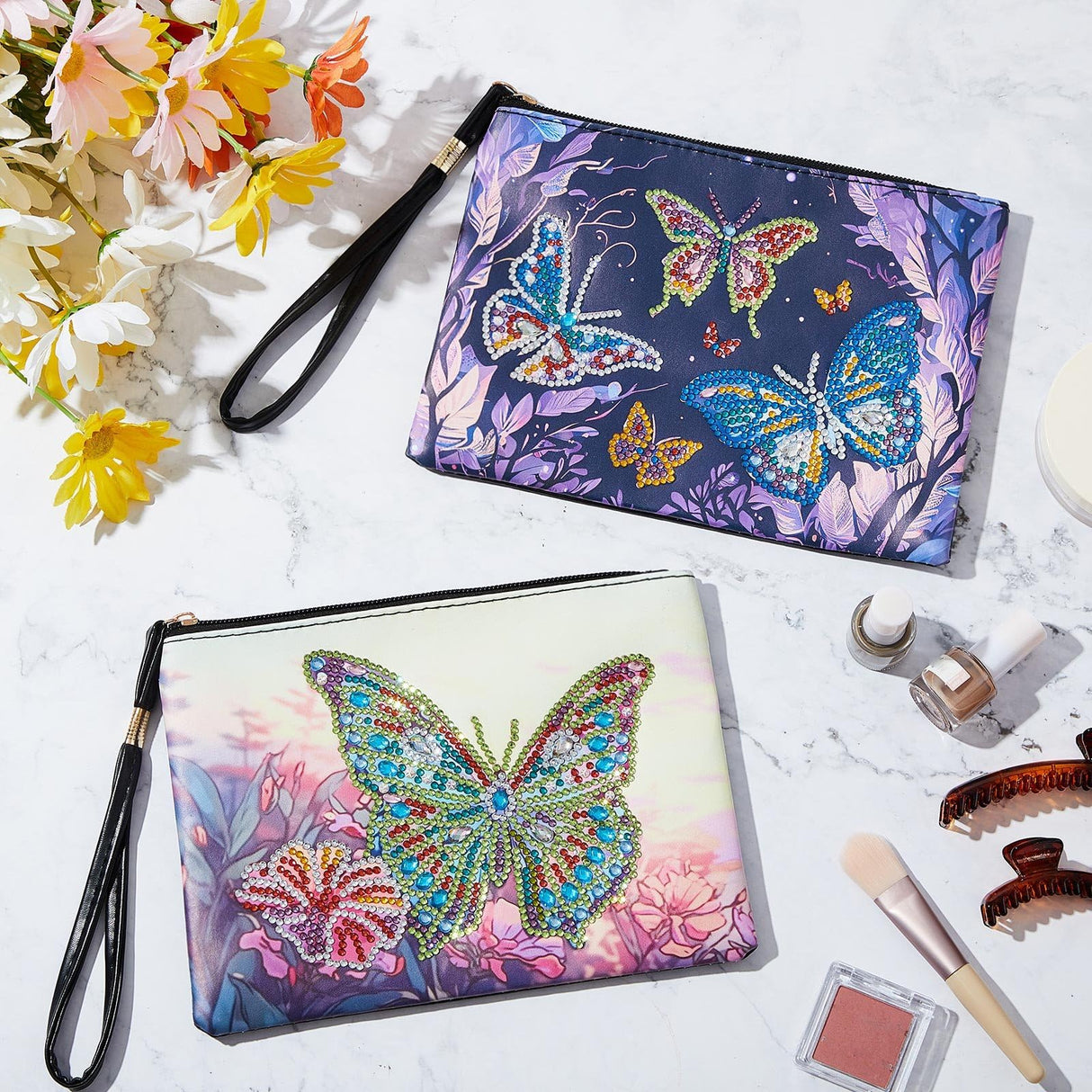 Geyoga 2 Pieces DIY Diamond Painting Purses 5d DIY Diamond Painting Handbag Art Wristlet Clutch Bag for Women Girls Art Craft Makeup Gift (Butterfly) Geyoga