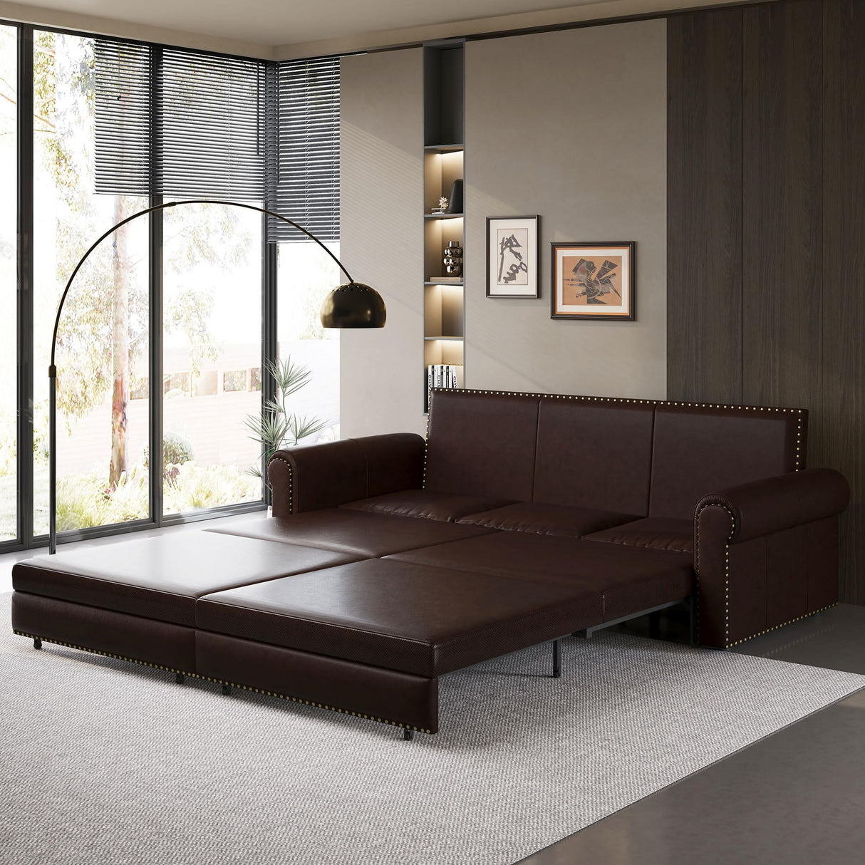 Tmsan 93.7" King Pull Out Sofa Bed, 3 in 1 Convertible Sleeper Sofa, 3 Seat Couch with Nailhead Trim & Rolled Arm for Living Room, Apartment, Dark Brown PU Leather Tmsan