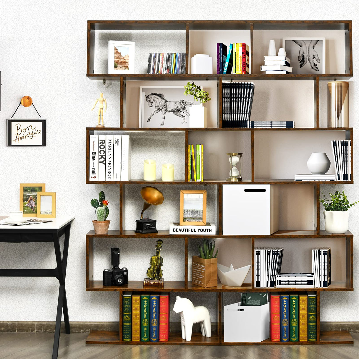 IFANNY 6 Tier Bookshelf, S Shaped Bookcase w/Staggered Storage Shelves, Display Shelf and Room Divider, Librero para Habitacion, Book Shelf for Bedroom, Living Room, Home Office (Rustic Brown) IFANNY