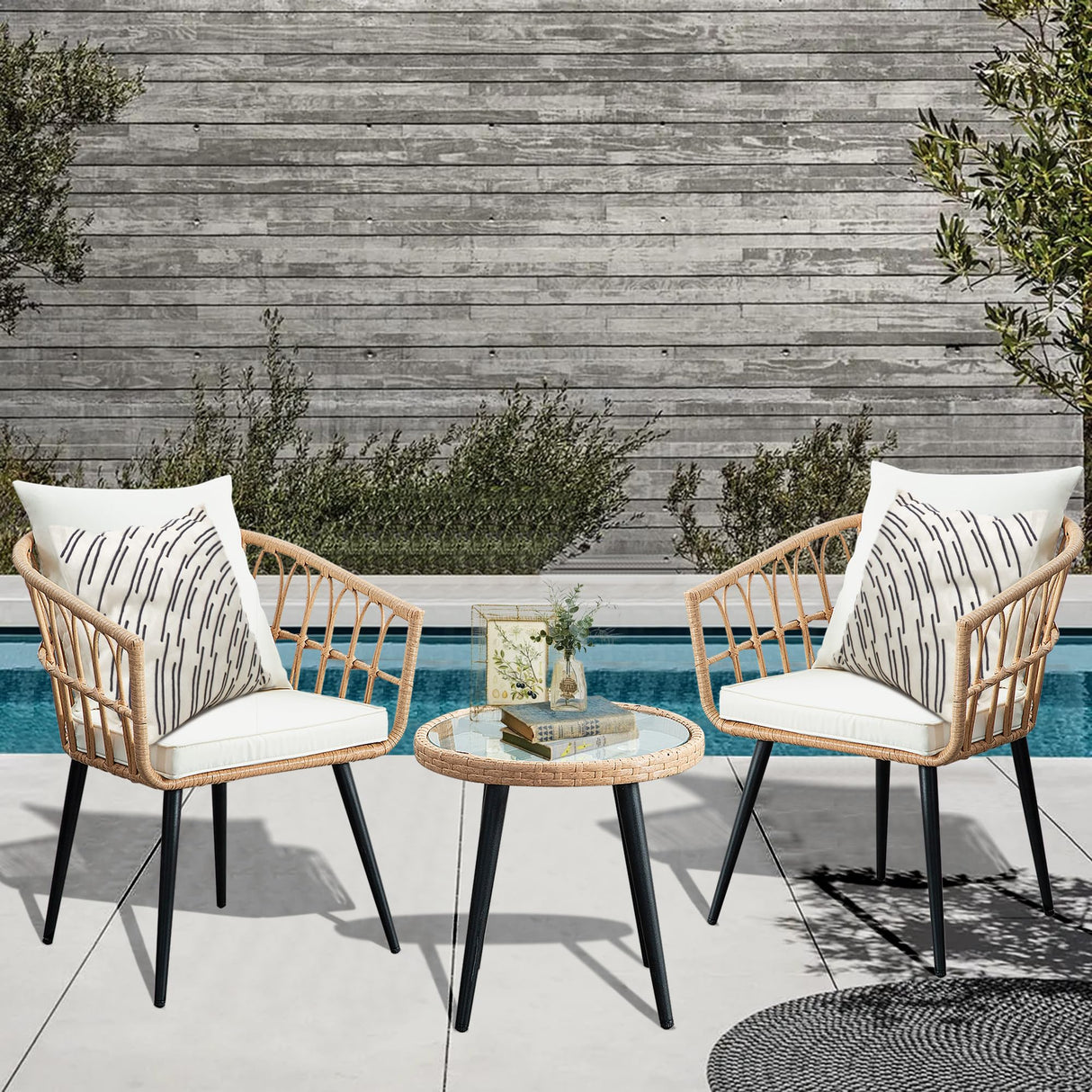 PORWEY 3 Piece Patio Bistro Set, Outdoor Wicker Apartment Balcony Furniture Sets, Rattan Table and Chairs Set of 2 for Porch Backyard Lawn Poolside Deck, Beige PORWEY