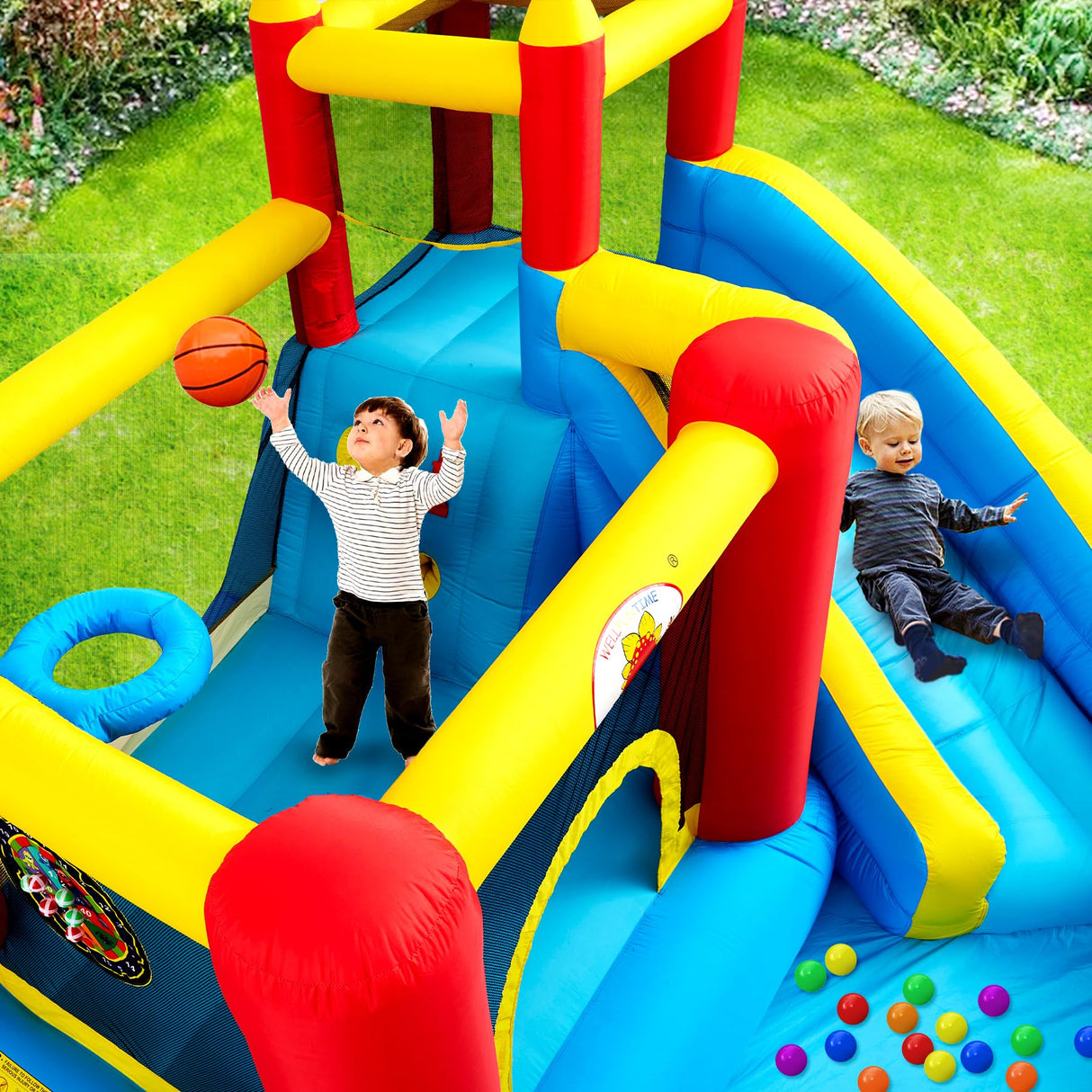 WELLFUNTIME Inflatable Bounce House with Slide, Jumping Castle with Blower, Climbing Wall, Dartboard, Basketball Hoop and 50 Ball Pit Balls, 108x122x86 Inch WELLFUNTIME