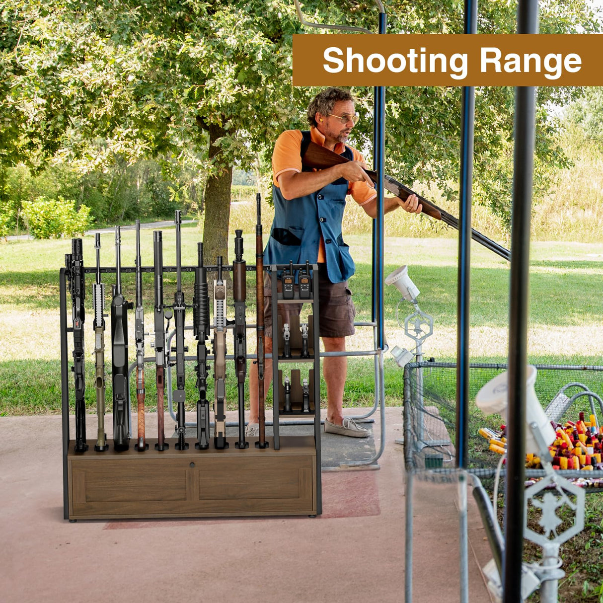 Giluta Gun Rack, Wooden Gun Display Stand with Pistol Rack, Gun Rack Storage Display Floor Standing Shotgun Rack for Home or Garage, Holds up to 10 Long Guns and 4 Handguns Giluta