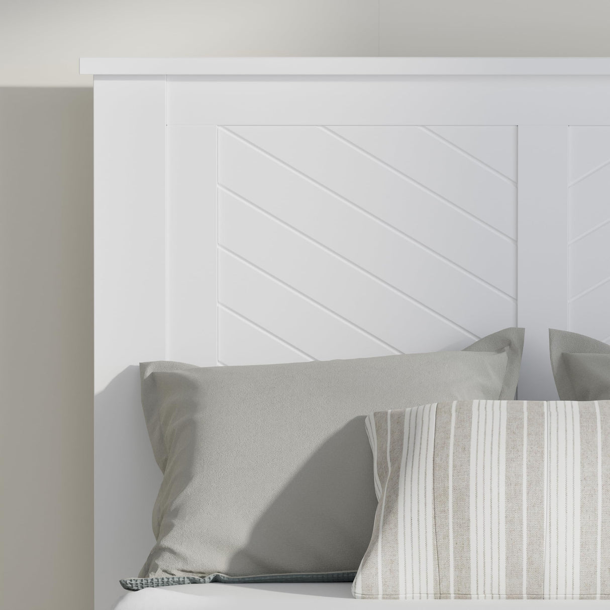 ComfIQ Serene Farmhouse Style Wood Bed in Twin Size with Chevron Scoring Headboard, Coastal Modern Design, Sturdy, Easy Assembly, Ample Underbed Storage, White Finish ComfIQ