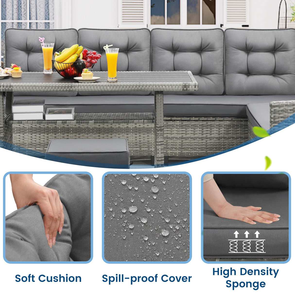 KROFEM 6-Piece Outdoor Patio Furniture Set - Sectional Sofa, Dining Table & Chairs Included, All-Weather Dining Set with Ottoman, Grey Wicker and Grey Cushions KROFEM