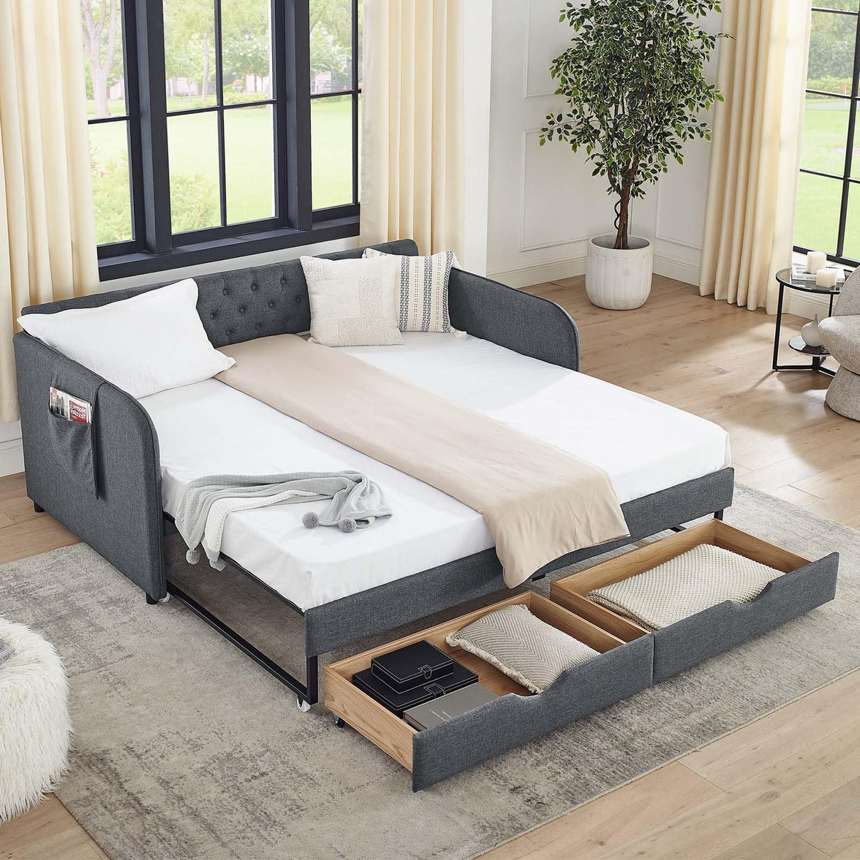 Antetek 80.5" Daybed with Drawer, Modern Button Tufted Linen Day Bed with Trundle Bed Twin to King, Upholstered Daybed Frame w/Storage Pocket for Bedroom, Living Room, No Box Spring Needed, Dark Grey Antetek