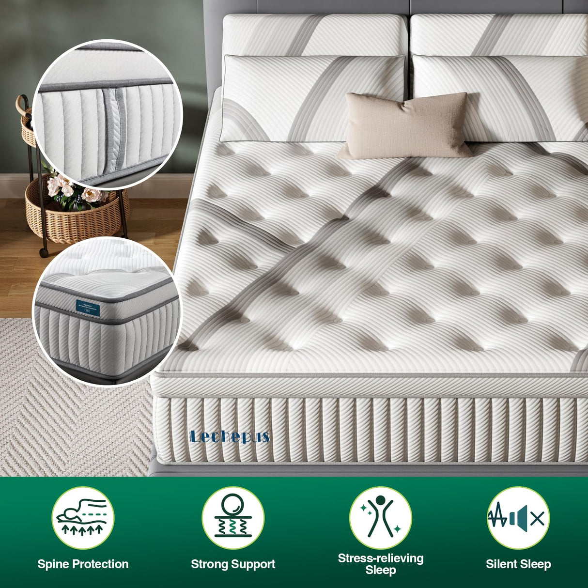 Lechepus California King Mattress,14Inch Memory Foam Hybrid Mattress with 7-Zone Pocket Spring,Cal King Size Mattress in Box, Medium Plush Mattress for Back Pain Relief,Motion Isolation,CertiPUR-US Lechepussleep